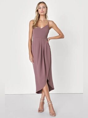 Lulus Rinnovar Mauve Purple Pleated Cami Tulip Midi Dress Asymmetrical Size S